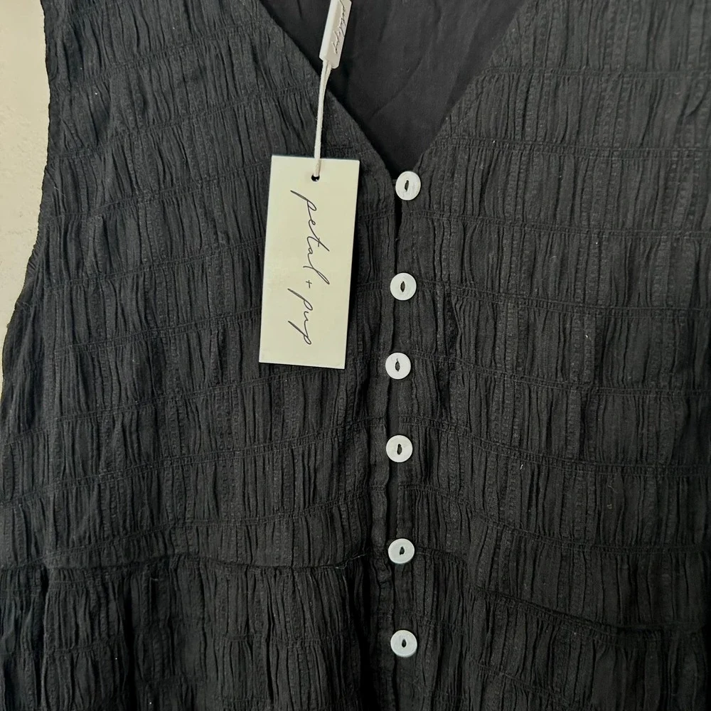 Petal + Pup Sam Midi Dress Womens L Black Smocked Button Front NWT Summer Boho